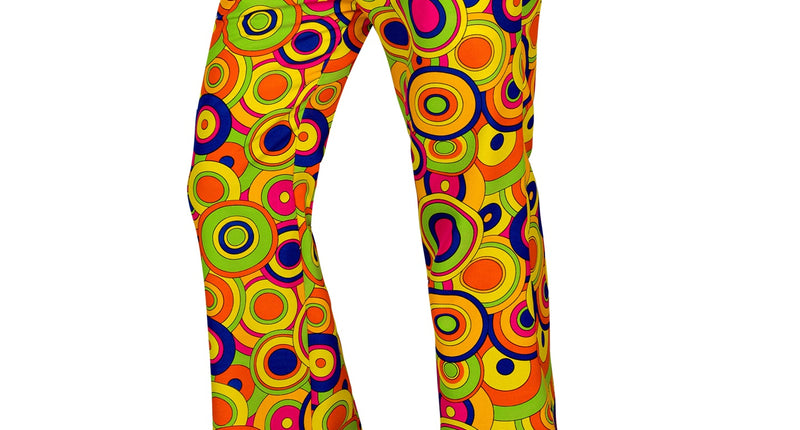Jaren 70 broek groovy cirkels heren - gele hippie discobroek met cirkelprint