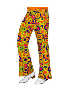 Jaren 70 broek groovy cirkels heren - gele hippie discobroek met cirkelprint