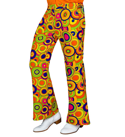 Jaren 70 broek groovy cirkels heren - gele hippie discobroek met cirkelprint