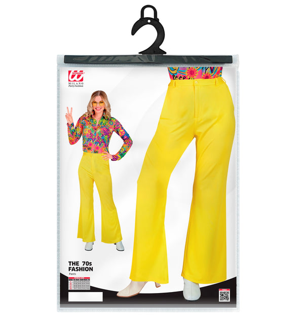 Jaren 70 damesbroek geel achterkant - gele hippie discobroek retro