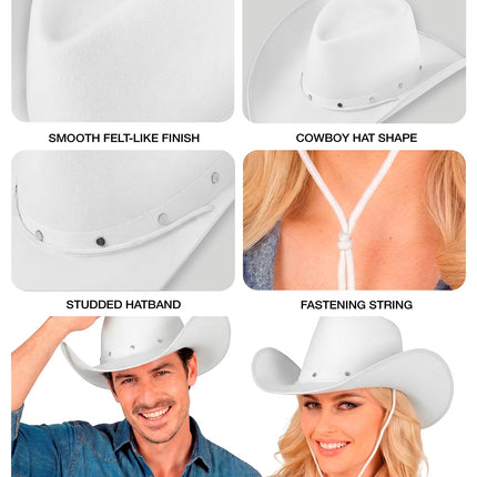 Detailcollage witte cowboyhoed: gladde viltlook, studs op de band en wit stormkoord