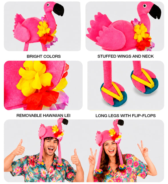 Flamingo hoed hawaii detailcollage met vleugels, afneembare bloemenkrans en slippers aan de poten
