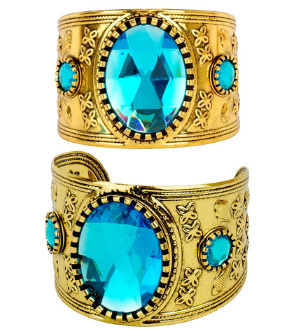 Armband goud met edelsteen topaas, brede manchet met grote turquoise steen en bloemreliëf