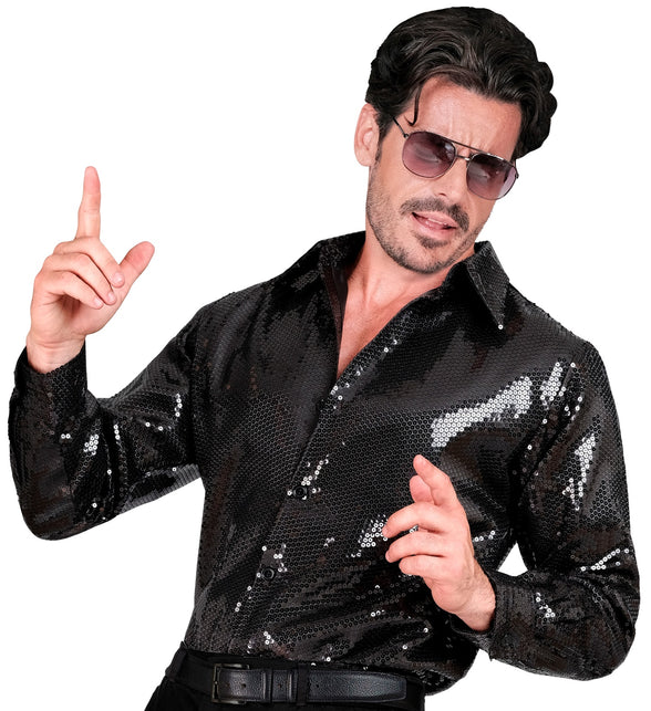 Paillettenshirt heren Marco zwart - zwart glitter discoshirt met pailletten