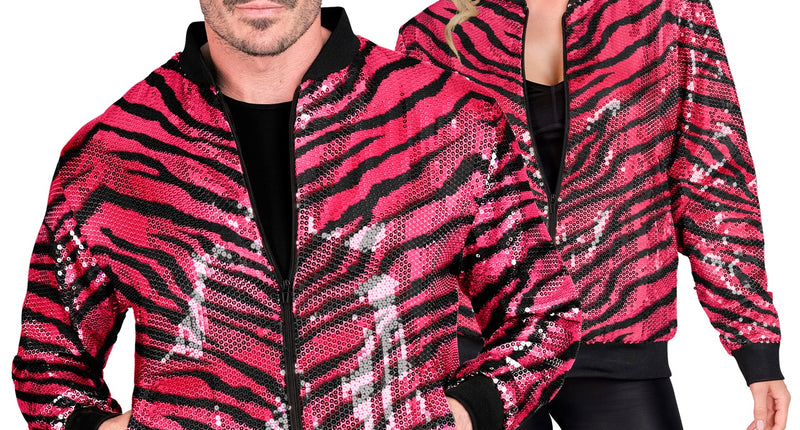 Bomberjack roze gestreept - roze pailletten zebra bomberjas unisex disco