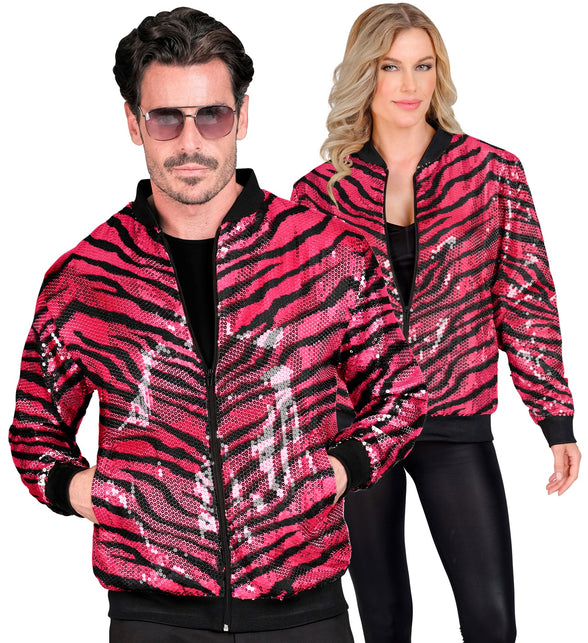 Bomberjack roze gestreept - roze pailletten zebra bomberjas unisex disco