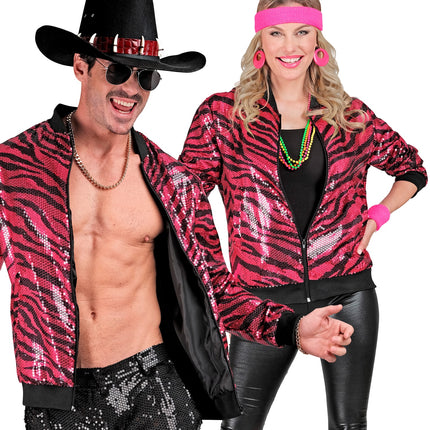 Pailletten bomberjas roze zebra - roze glitterjack unisex disco carnaval