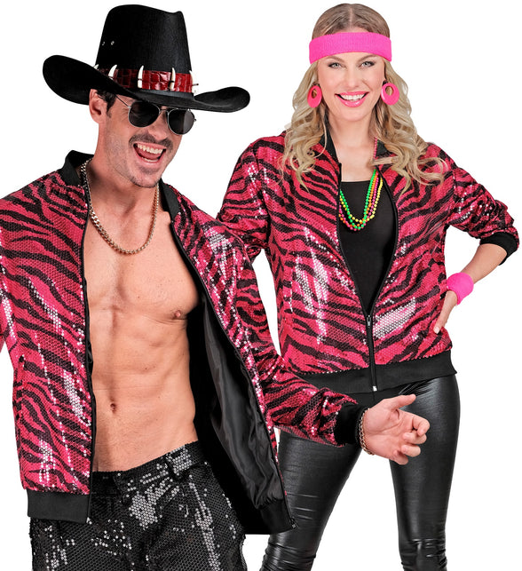 Pailletten bomberjas roze zebra - roze glitterjack unisex disco carnaval