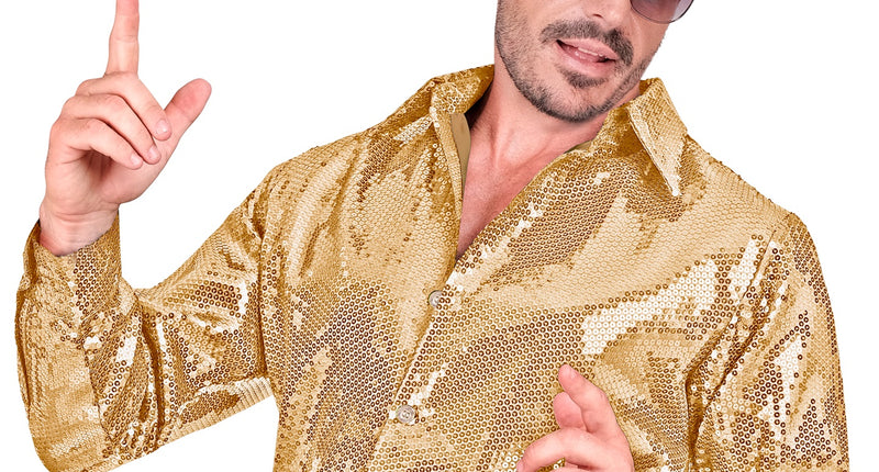 Paillettenshirt heren Ard goud - gouden glitter discoshirt met pailletten gedragen