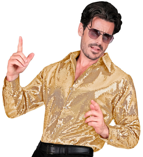 Paillettenshirt heren Ard goud - gouden glitter discoshirt met pailletten gedragen
