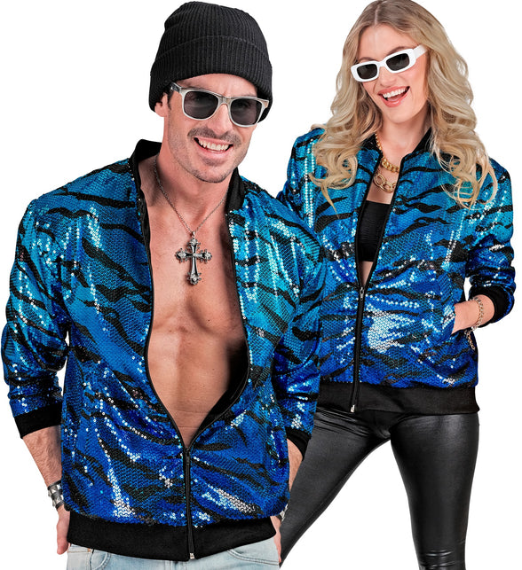 Pailletten bomberjas ocean blauw - blauwe glitterjack unisex disco carnaval