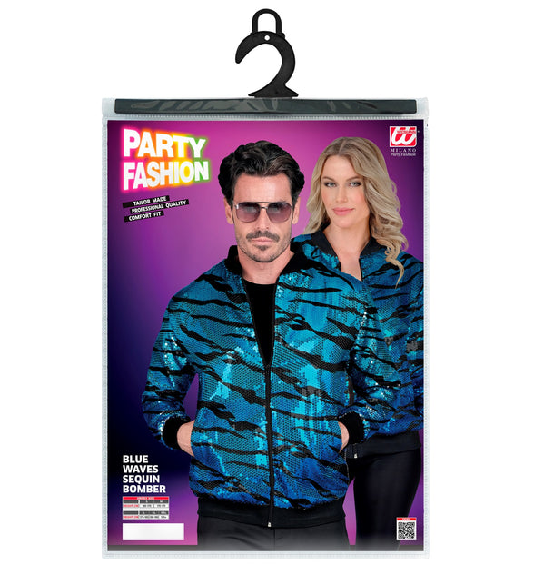 Ocean blauw pailletten bomberjack achterkant - blauwe glitterjas foute party