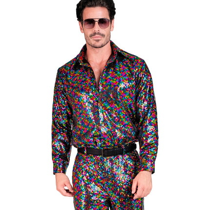 Pailletten discoshirt meerkleurig heren - regenboog glitter shirt foute party