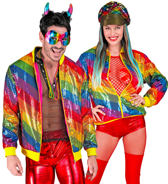 Pailletten bomberjack regenboog - kleurrijke glitterjas unisex Gay Pride