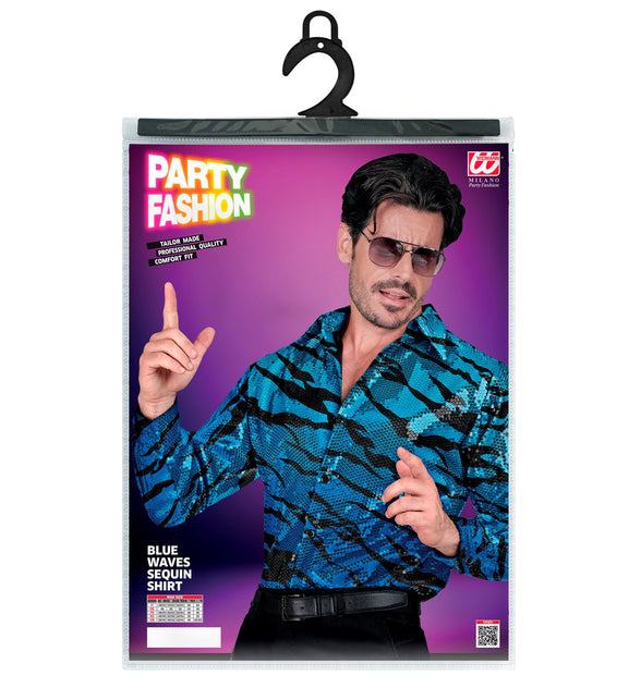 Paillettenshirt blauwe golven heren achterkant - glitter discoshirt disco