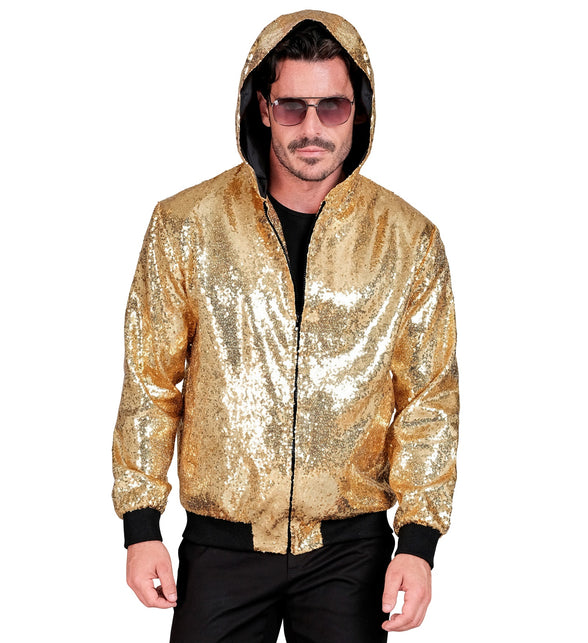 Gouden pailletten bomberjas met kap gedragen - glitter capuchonjas unisex