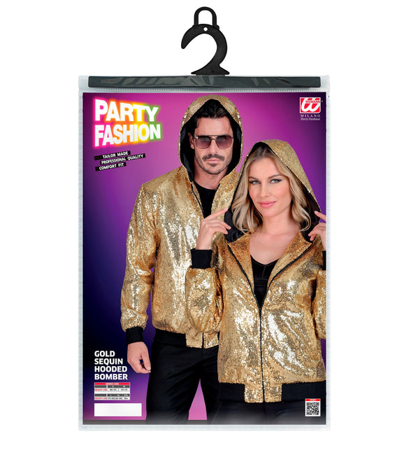 Pailletten bomberjas met kap goud achterkant - gouden glitter capuchonjas disco