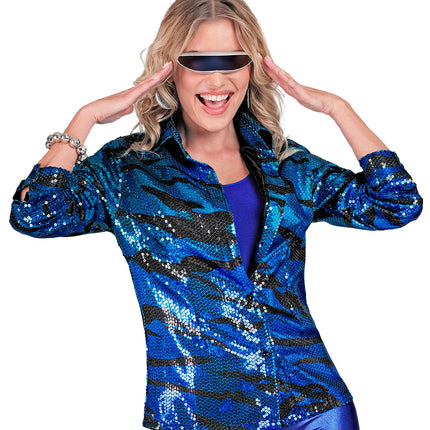 Blauwe pailletten shirt dames - glinsterend disco glittershirt verkleedkleding