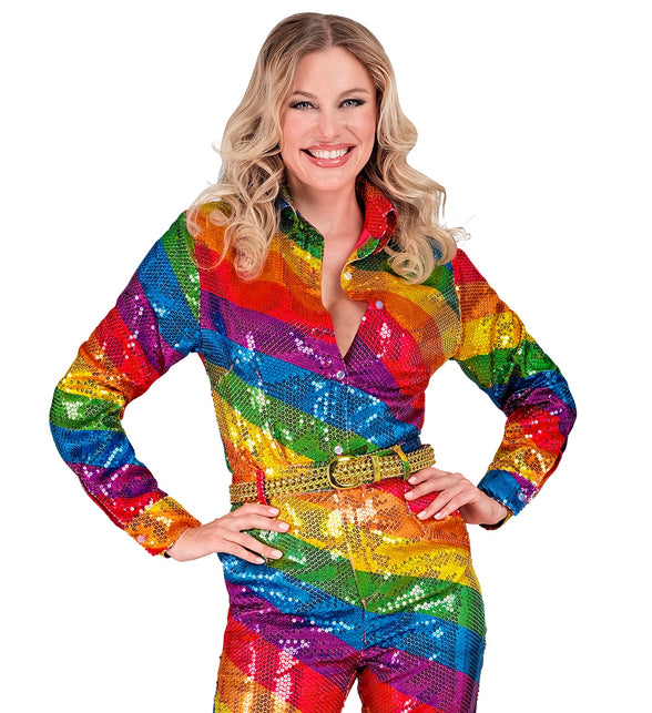 Pailletten discoshirt regenboog dames detail - glitter shirt Gay Pride party