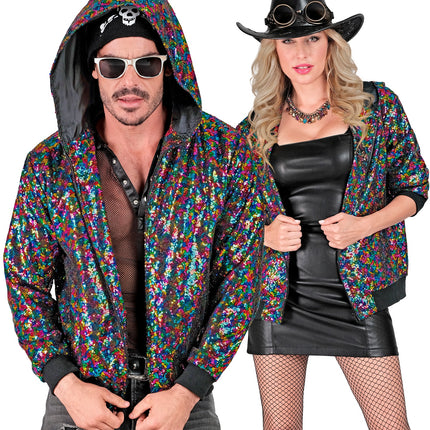 Regenboog pailletten bomberjas met kap - glitter jack unisex carnaval disco