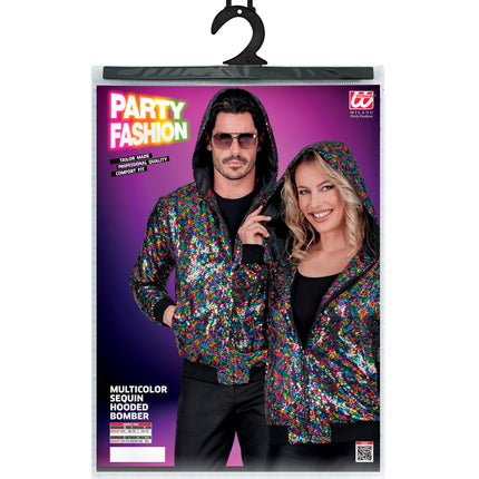 Pailletten bomberjas multikleur achterkant - glitter capuchonjas foute party