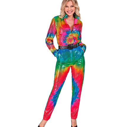 Pailletten discobroek tie dye detail - kleurrijke glitterbroek dames pride