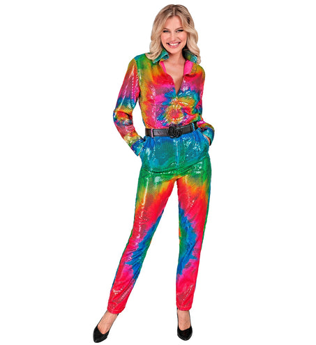 Pailletten discobroek tie dye detail - kleurrijke glitterbroek dames pride