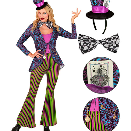 Gekke Hatter kostuum dames compleet met hoedje op diadeem, zwart-wit schaakbord strikje en jumpsuit
