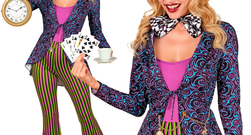 Gekke Hatter colbert dames met paars-blauwe krulprint, roze jumpsuit en hoge hoed met speelkaart