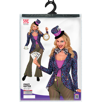 Gekke Hatter colbert dames in verpakking met maattabel XS tot XL, sprookjesfeest kostuum