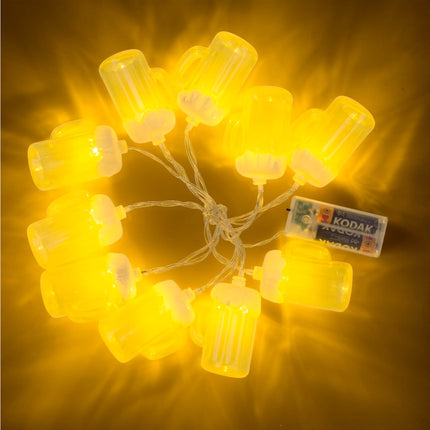 Lichtslinger 10 bierpullen brandend, gele ledlampjes met witte schuimkraag voor Oktoberfest