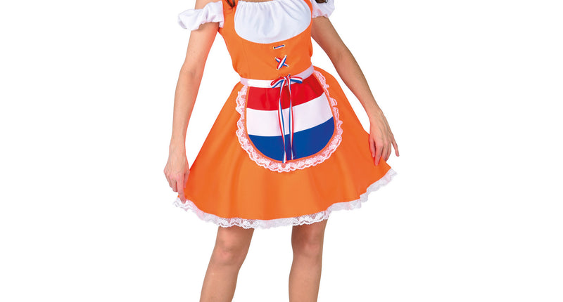 Dirndl jurk Volendam oranje voor dames met wit topje en schort in rood-wit-blauw voor Koningsdag