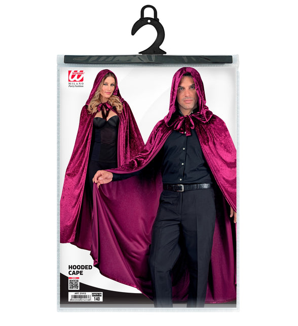 Verpakking van de bordeaux fluwelen cape met kap van Widmann, lengte 140 cm
