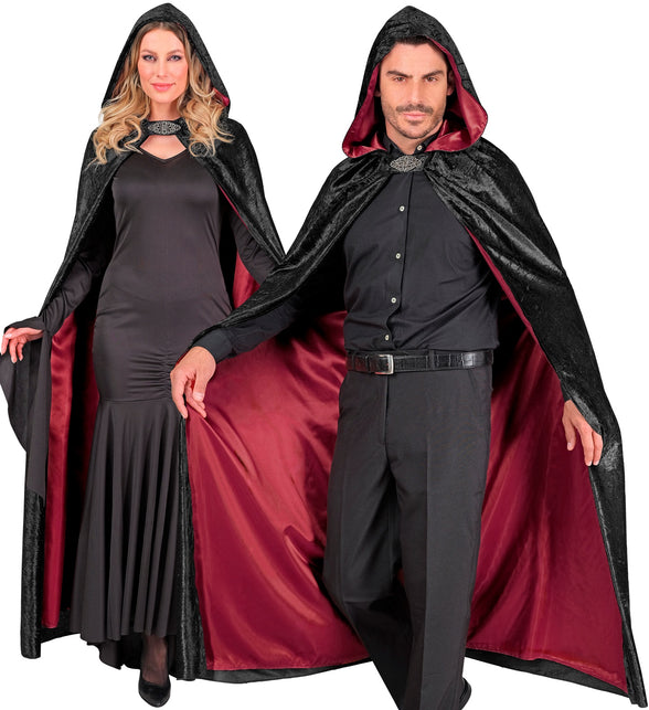Cape met kap zwart fluweel met rode binnenvoering 140cm Maud — foto 3