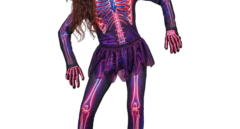 Neon skelet jumpsuit meisjes 3-delig met tutu en masker