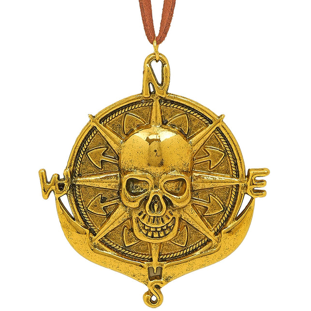 Ketting piraten medaillon goud met schedel en kompasroos