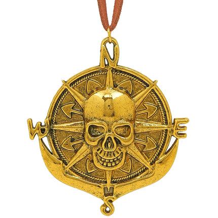 Ketting piraten medaillon goud met schedel en kompasroos