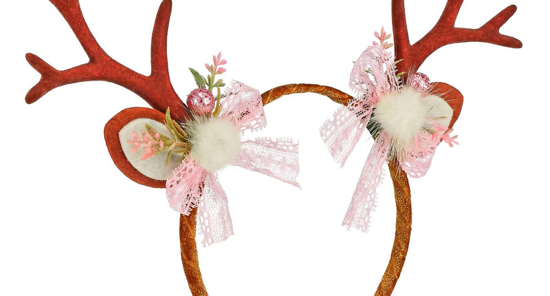 Rendier hoofddeksel diadeem met gewei en roze strikken