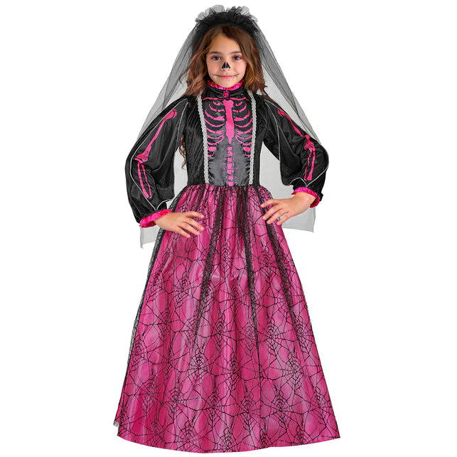 Skeletbruidsjurk meisjes roze met sluier en hoepelrok — foto 3