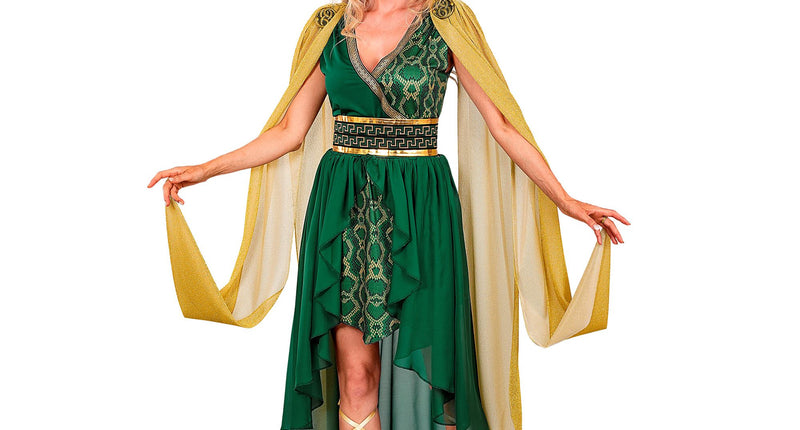 Medusa jurk dames groen met gouden cape en slangenhoofdband
