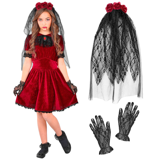 Gothic vampierbruid jurk meisjes met sluier en handschoenen — foto 2