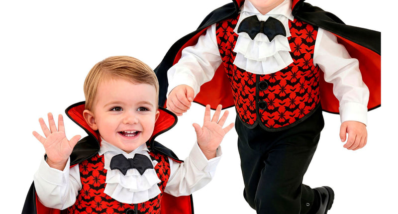 Vampier jumpsuit jongens rood zwart met cape