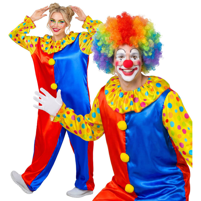Clown jumpsuit volwassenen rood blauw met stippen