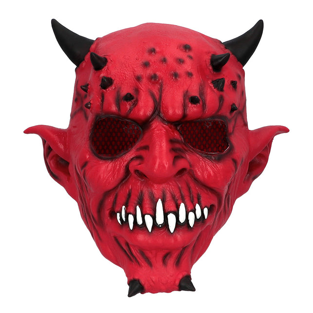 Latex hoofdmasker Creepy devil rood met hoorntjes heren — foto 2
