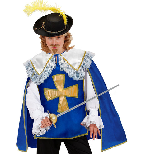 Musketier jas jongens in blauw met goudkleurig kruis en witte kanten kraag voor carnaval