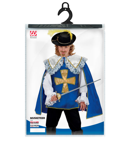 Verpakking van de musketier jas voor jongens met maatoverzicht 128, 140 en 158 cm