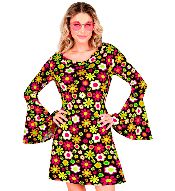 Retro bloemen 70s jurk dames - sixties flower power verkleedjurk bloemenprint
