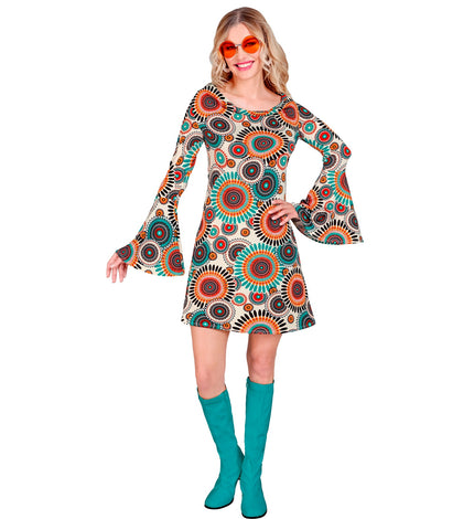 Jaren 70 jurk vintage dames - retro flower power verkleedjurk voor disco party