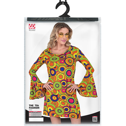 Groovy cirkels jaren 70 jurk achterkant - flower power discokleding dames retro