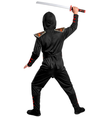 Achterkant zwarte ninja skelet jumpsuit met schouderstukken en op de rug geknoopte ceintuur